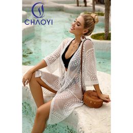 Swimwear CC White Lace Dot Circle Pattern Beach Kimono Elegant See Though Kaftan Half Sleeves Cardigan Bikini Cover Up Bathing Suit