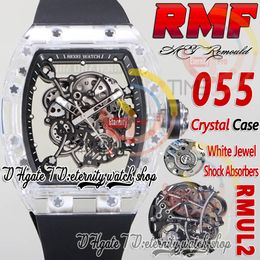 RMF AET 055 Mens Watch RMUL2 Mechanical Hand-winding True Balance Spring Crystal White Case Skeleton Dial Black inner ring Rubber Band Super Edition eternity Watches