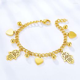 Link Bracelets 316L Stainless Steel Golden Hamsa Hand Heart Ball Pendant For Women Retro Cuban Bracelet Adjustable Jewelry