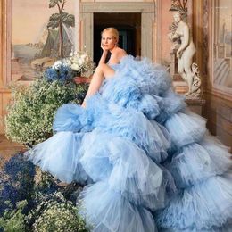 Party Dresses Elegant Light Blue Fluffy Tulle Prom Dress Fashion Strapless Tiered Ruffles Pleated Ball Gowns Court Train Evening