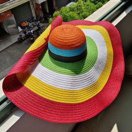 Berets Rainbow striped big brim anti ultraviolet sunshade sun hat beach with wire edge can be folded arbitrarily 230818