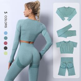 Yoga Outfits 2PCS Seamless Yoga Set Women Tracksuit High Waist Leggings Workout Sportswear Gym Clothing Fitness Crop Top Sports Suits Gym Set 230820