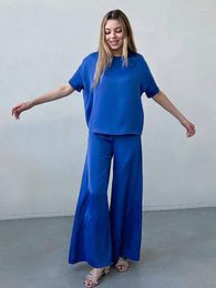 Women's Sleepwear Hiloc Blue Satin Women Pyjama High Waist Wide Leg Pants Sets For 2 Pieces Short Sleeve Loose Home Clothes White