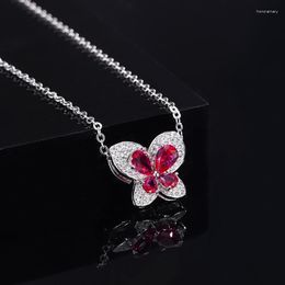 Chains Delicate Real Silver 925 Original Jewellery Lab Created Ruby Butterfly Pendant Necklace For Women Birthday Gift Girl