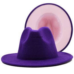 Wide Brim Purple pink Bottom Patchwork Church Derby Top Hat Panama Felt Fedoras Hat for Women Men artificial wool Jazz Cap 2023