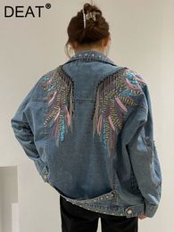 Womens Jackets DEAT Denim Jacket Women Fashion Autumn Winter High Street Loose Embroidery Tassel Bead Long Sleeve Coat Female 15G0495 230818