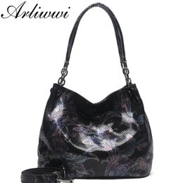 Bags Arliwwi Brand 100% Real Leather Shiny Flower Female Handbags Pewter Chain Genuine Suede Cow Leather Emed Bags Gy15