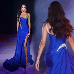 Prom Party Gown Royal Blue Evening Dresses Formal Mermaid Sweetheart Sleeveless Sweep Train Satin Beaded Sequins Lace Up Zipper Split Front/Side New Custom
