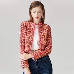 Womens Jackets Highend 100% Wool Coat Women Cropped Jacket Spring Runway Designer Colorful Houndstooth Plaid Tweed Short Outwear 230818