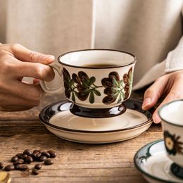 Mugs Vintage Design Ceramic Floral Cup With Saucer Coffee Mug Flat Plate Teacup British Afternoon Tea Set Dishwasher Safe 200ml 230818