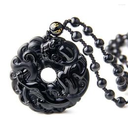 Pendant Necklaces Genuine Black Natural Obsidian Healing Gems Stone Carving Pi Xiu Crystal Round Bead Necklace Woman Men Bless You