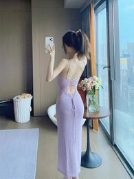 Casual Dresses WOMENGAGA Spicy Girl Korean Style Split Strap Backless Body Tight Knit Slim Tank Top Maxi Dress Women Long Purple XZO2