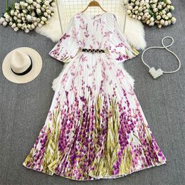 Basic Casual Dresses Summer Summer New Women Mid-Length Pleated Dress With Sashes Round Neck Half Sleeve Elegant Vintage Flower Print Dresses Vestidos 2024