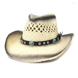 Berets Summer Cowgirl Hat Straw For Women Bead Belt Western Cowboy Men Lady Trendy Woven Sun Beach Cap