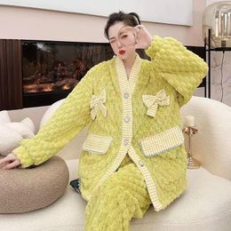 Women's Sleepwear Coral Velvet Pyjama Sets Women Winter Warm Thick 2 Piece Set Pyjamas Long Sleeve Solid Sweet Homewear Female