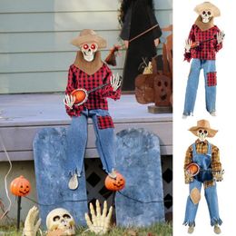Decorative Objects Figurines Halloween Animated Banjo Skeletons Rock Singer Look Skeleton Statue Glowing Light Up Decoration For Haunted House 230818