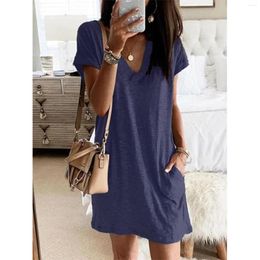 Casual Dresses Lady Summer Short Sleeve V Neck Wrap Skinny Loose Maxi Dress Pockets Slip For Women Midi Cocktail