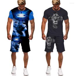 Men's Tracksuits Cross Print Summer Suit Fashion T-shirt Shorts Sportswear 2-piece Set O Neck Oversized Casual Streetwear For Man