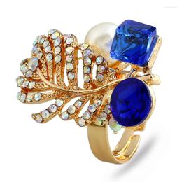 Wedding Rings Luxury Sapphire Adjustable Opening For Women Girls Golden Metal Crystal Rhinestone Feather Finger Ring Jewellery