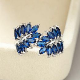 Wedding Rings Vintage Female Blue Crystal Stone Ring Dainty Silver Color Big For Women Trendy Zircon Leaf Engagement