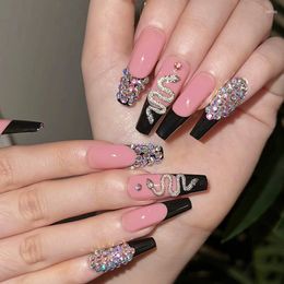 False Nails RESNICA Press On French Nude Pink And Black Banded Snake Patterned Sheer With Diamond Sparkle For Ballet