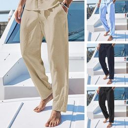 Men's Pants Men Elastic Waist Solid Color Straight Soft Pockets Thin Mid Simple Style Casual Daily Long Trousers