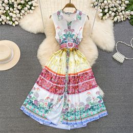 Basic Casual Dresses Summer New Summer Mid-Length Flower Printing Dress With Belt Women Lapel Single-breasted Sleeveless Dresses Ladies Vestidos 2024