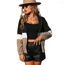 Women's Jackets Contrast Color Coat Women Long-sleeved Jacket Stylish Colorblock Hooded Smooth Loose-fit For Spring Fall