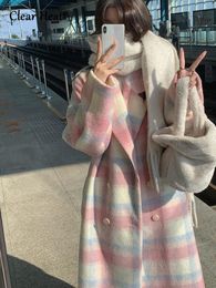 Womens Jackets Women Rainbow Plaid Woollen Overcoat Winter Casual Long Coats Office Lady Y2k Jacket Clothing Korean Fashion Trench 230818