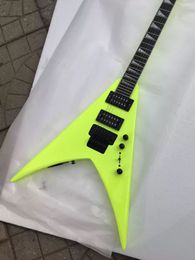 Jack son Fluorescent Green V Electric Guitar Shark Fin Inlay Floyd Rose Tremolo Bridge Whammy Bar Black Hardware