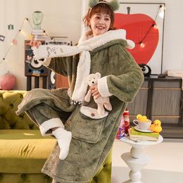 Women's Sleepwear Plush Pajamas Cute Cartoon Hooded Woman Plus Size Nightgown And Home Service Suit For Autumn Winter Robe Schlafanzug