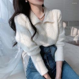 Women's Sweaters Korean Fashion White Pullover Sweater Warm Long Sleeve Tops Autumn Winter Mink Soft Turn Down Collar Jumper Women Clothes