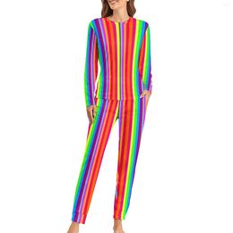 Women's Sleepwear Rainbow Striped Print Pyjamas Joyous Pride Cute Pyjama Sets Woman Long-Sleeve Night Big Size 5XL 6XL