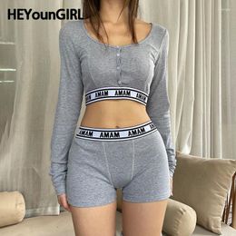 Women's Tracksuits HEYounGIRL Basic Women Button Crop Top And Shorts Gray Two Piece Set Letter Print Casual Autumn Girl Homewear Sporty