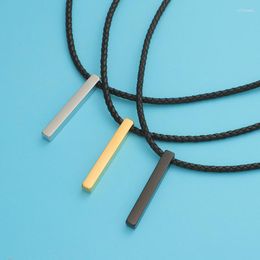 Pendant Necklaces Stainless Steel Black PU Leather Chain With Bar Blank For Engrave Necklace Women Men Metal Rectangle Tag