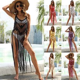 Swimwear 8 Colours Fringe Cover Up Maxi Dress for Women Sexy Hollow Out Crochet Tassel Beach Coverups 2022 Summer Stylish Ladies Coverup