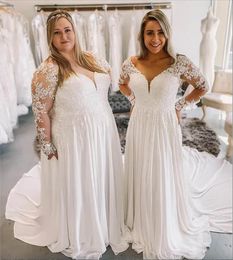 2023 Gorgeous Plus Size Wedding Dresses Bridal Gown Lace Applique Long Sleeves A Line Deep V Neck Sweep Train Custom Made Garden vestido de novia