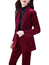 Women's Two Piece Pants Blue Red Striped Autumn Winter Women Pant Suit Blazer Ladies Formal Jacket And Trouser Female Business Work Wear 2