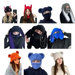 Beanie Skull Caps Bear Hat Devil Horn P o Props Year Thick Halloween Adults Kids Knitted Chenille Yarn Y2K Handmade 230818
