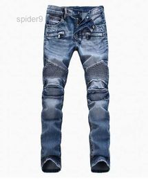 Fashion Men's Foreign Trade Light Blue Black Jeans Pants Motorcycle Biker Men Washing to Do Old Fold Trousers Casual Runway Denim 7H3V