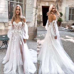 Boho A line Wedding Dresses Appliques Puffy Sleeve Tulle designer wedding bridal gowns