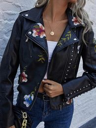 Women's Jackets Faux Pu Leather Jacket Women Vintage Floral Print Embroidery Short Coat Female Fashion Rivet Punk Style Zipper Moto Biker