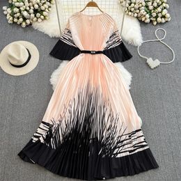 Basic Casual Dresses Summer Mid-Length Women Fashion Printed Pleated Dress With Sashes Summer Round Neck Short Sleeve Ladies Dresses Vestidos Apricot 2024