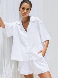 Women's Sleepwear Linad Loose Home Clothes 2 Piece Sets White Short Sleeve Pajamas Casual Female Suits With Shorts Solid Summer