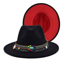 Black Fedora Hat Women Patchwork Wool Felt Ethnic style Belt Jazz Wide Brim Panama Party Trilby Cowboy Cap Men Gentleman Weddin