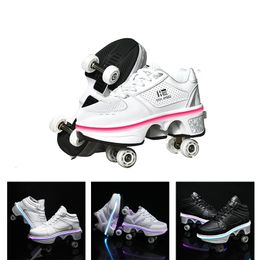 Athletic Outdoor KOFUBOKE LED Deformation Skate Shoes White Unisex Retractable 4 Wheel Sneaker Adults Kids Casual Light Kick Roller Shoes 230818