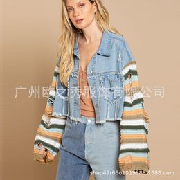 Womens Jackets for Women FallWinter Denim Patchwork Knitted Jacket Rainbow Ripped Long Sleeve Cropped Top 230818