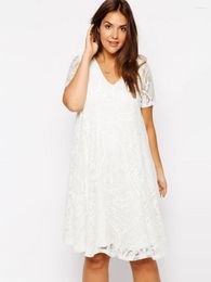 Plus Size Dresses Elegant Short Sleeve Lace Party Dress Women Summer Solid White Loose Swing Female Large Causal 7XL