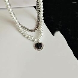 Pendant Necklaces Double Layer Black Heart Necklace For Women Kpop Punk Hiphop Jewellery Simulated Pearl Chain Choker Party Accessories
