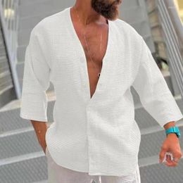 Men's Casual Shirts Retro Shirt Waffle Solid V-neck 3/4 Sleeve Loose Cardigan Summer Vintage Style Top Clothing For Men Oversize